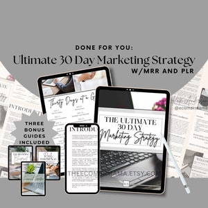May include: A digital marketing strategy guide for Etsy sellers. The guide includes a 30-day marketing plan, three bonus guides, and a laptop computer graphic. The text on the guide reads "The Ultimate 30 Day Marketing Strategy W/MRR and PLR".