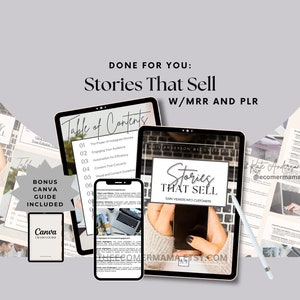 May include: A digital product mockup featuring a tablet, smartphone, and printed pages. The tablet displays a table of contents with the title "Stories That Sell" and a list of topics related to Instagram stories. The smartphone shows a similar title and a hand holding it. The printed pages are part of a guide titled "Stories That Sell" with the tagline "Turn Viewers Into Customers".