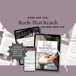 May include: A digital product mockup with the text "Reels That Reach" and "Tips and tricks to elevate your reel game to the next level". The mockup is on a purple background with a white stylus and a smartphone.