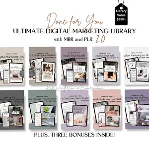Puede incluir: Un collage de guías de marketing digital con títulos como "Guía de marketing digital", "Marketing digital sin rostro", "Carretes que llegan", "Historias que se venden", "Marketing sin rostro para TikTok", "Auditoría: Optimización de perfil", "Una guía práctica: Lograr la libertad financiera", "Hecho para ti: Cómo encontrar tu trabajo de nicho", "Esenciales de marketing por correo electrónico" y "Dominar Etsy y Pinterest". El collage está sobre un fondo morado y gris con el texto "Hecho para ti: Biblioteca definitiva de marketing digital con MRR y PLR 2.0" en la parte superior.