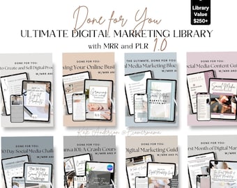 May include: A collage of eight digital marketing products, each with a different title and description. The products are all designed in a similar style, with a pink and white color scheme and a minimalist design. The titles of the products include "Create and Sell Digital Products", "Growing Your Online Business", "The Ultimate Social Media Marketing Blueprint", "Social Media Content Guide", "30 Day Social Media Challenge", "Canva 101: A Crash Course", "Digital Marketing Guide", and "First Month of Digital Marketing".