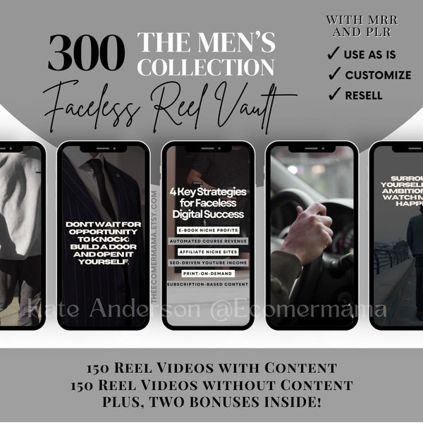 300 Men's Collection Reel Vault w/Master Resell Rights (MRR) and Private Label Rights (PLR) - Men's Faceless Reel Templates for Social Media