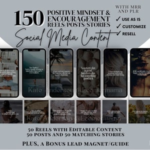 150 Positive Mindset and Encouragement (50 Reels & 50 Posts/50 Stories) w/Master Resell Rights (MRR) and Private Label Rights (PLR) Template