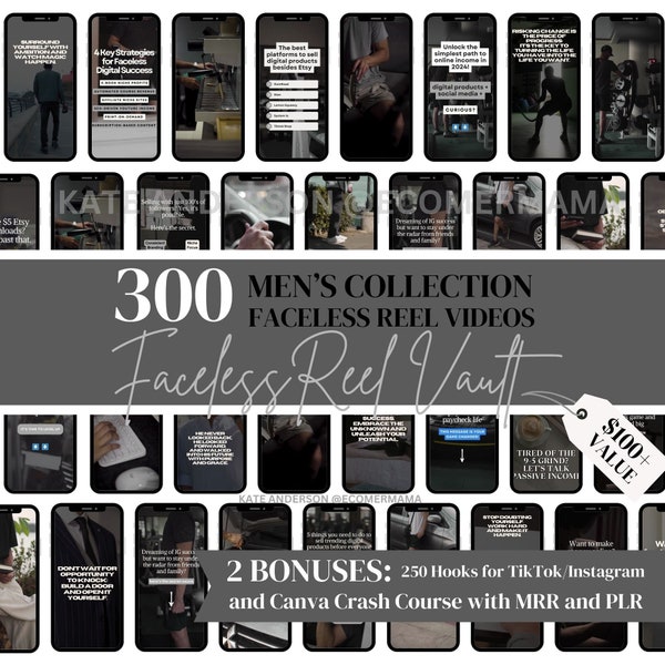 300 Men's Collection Reel Vault w/Master Resell Rights (MRR) and Private Label Rights (PLR) - Men's Faceless Reel Templates for Social Media