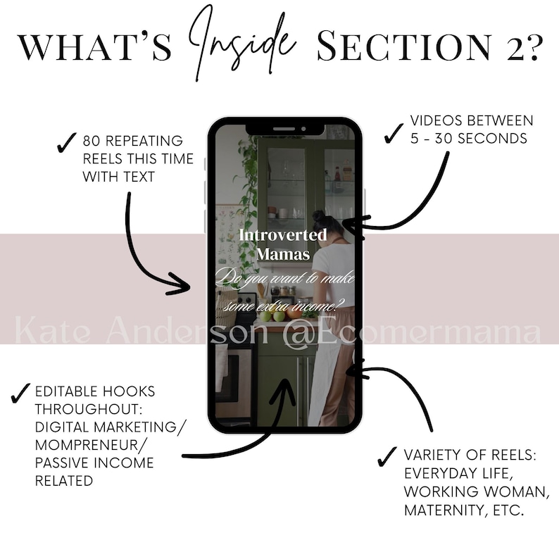 May include: A smartphone screen displaying a social media post about a course for introverted moms who want to make extra income. The post includes the text "Introverted Mamas" and "Do you want to make some extra income?" The post also includes a checkmark and the text "80 Repeating Reels This Time With Text" and "Videos Between 5-30 Seconds".