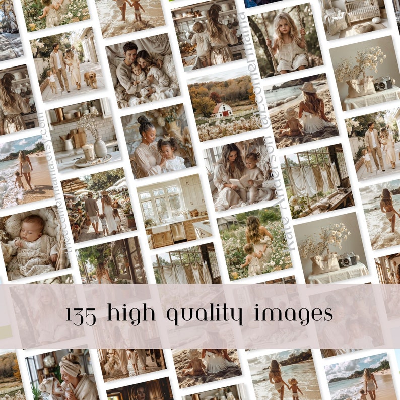 May include: A collage of 135 high-quality images featuring families, children, and nature scenes. The images are in a warm, earthy color palette and feature a variety of settings, including homes, beaches, and forests.