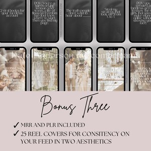 May include: A set of 25 black and white reel covers for social media. The covers feature quotes about motherhood, financial freedom, and online business. The text "Bonus Three" is written in white on a black background. The text "MRR and PLR Included" and "25 Reel Covers for Consistency on Your Feed in Two Aesthetics" is written in white on a black background.