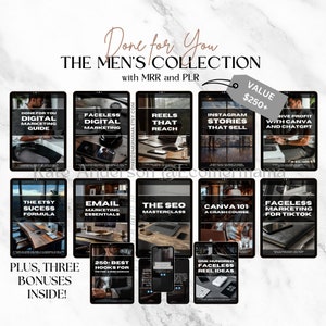 May include: A collage of digital product covers for an e-commerce course bundle. The covers feature images of people working on laptops and phones. The text on the covers includes titles such as "Done for You Digital Marketing Guide", "Faceless Digital Marketing", "Reels That Reach", "Instagram Stories That Sell", "The Etsy Success Formula", "Email Marketing Essentials", "The SEO Masterclass", "Canva 101: A Crash Course", "Faceless Marketing for TikTok", "250+ Best Hooks for TikTok & Instagram", "One Hundred Faceless Reel Ideas", and "Five Profit with Canva and ChatGPT". The text "Value £250+" is also visible. Plus, Three Bonuses Inside! is written at the bottom of the collage.