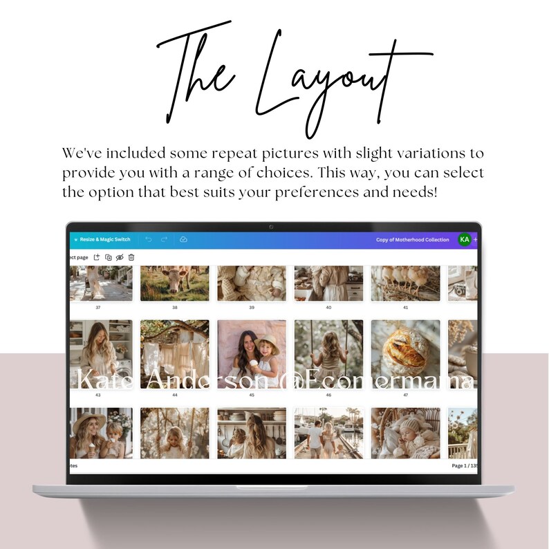 May include: A laptop screen displaying a grid of 16 images. The images are of a variety of subjects, including children, nature, and animals. The text "Copy of Motherhood Collection" is visible at the top of the screen. The text "Anderson Econ termama" is visible in the center of the screen.