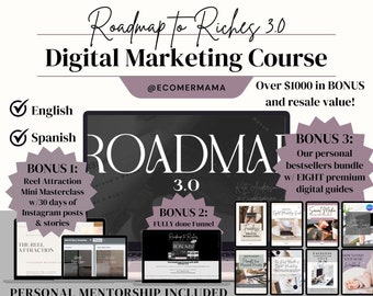 Cours de marketing numérique « Roadmap to Riches 3.0 » avec Bundle MRR droits de revente. Cours bonus, entonnoir de conversion, contenu DFY, mentorat et mises à jour