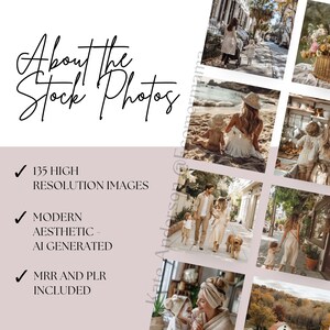 May include: A collage of 10 images featuring families and children in various outdoor settings. The images are in a modern aesthetic and are high resolution. The text "About the Stock Photos" is at the top of the image. The text "135 High Resolution Images", "Modern Aesthetic - AI Generated", and "MRR and PLR Included" are listed below the collage.