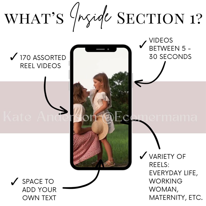 May include: A smartphone screen displaying a video of a mother and daughter in a field. The text on the screen reads "WHAT'S Inside SECTION 1?" and lists the contents of the video package, including 170 assorted reel videos, videos between 5-30 seconds, a variety of reels, and space to add your own text.