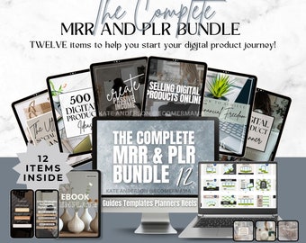 May include: A digital product bundle with 12 items to help you start your digital product journey. The bundle includes guides, templates, planners, and reels. The image features a laptop, a tablet, and a smartphone, all displaying different digital products. The text on the image reads "The Complete MRR & PLR Bundle 12".
