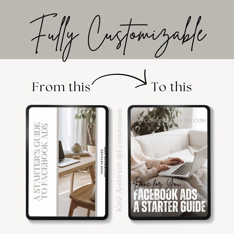 May include: A digital tablet screen displaying a guide to Facebook ads. The guide is titled "A Starter's Guide to Facebook Ads" and features a woman working on a laptop. The text "Done for You" is written in cursive on the screen.
