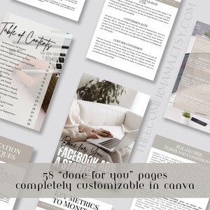 May include: A collage of images featuring a table of contents for a guide on Facebook ads, a woman using a laptop, and a page with the text "Done for You Facebook Ads A Starter Guide" and "58 "done-for-you" pages completely customizable in Canva". The guide is designed to help users learn how to create and manage Facebook ads.