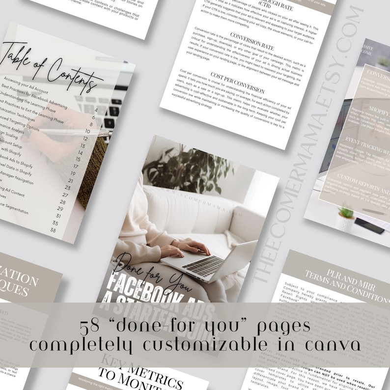 May include: A collage of images featuring a table of contents for a guide on Facebook ads, a woman using a laptop, and a page with the text "Done for You Facebook Ads A Starter Guide" and "58 "done-for-you" pages completely customizable in Canva". The guide is designed to help users learn how to create and manage Facebook ads.