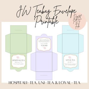 Puede incluir: Plantilla de sobre para bolsitas de té imprimible con tres diseños diferentes. Los diseños están etiquetados como "Hospitali-Tea", "Uni-Tea" y "Loyal-Tea". Cada diseño presenta una cita diferente y una ilustración de tetera.