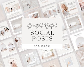 May include: A collection of 100 social media post templates featuring a neutral color palette with beige, white, and light brown tones. The templates include text overlays with phrases like "New Product", "Welcome September", "Fact", and "Rather than that".