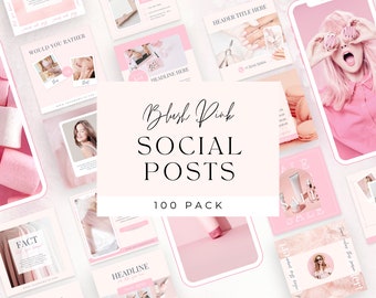 May include: A collection of 100 social media post templates in a blush pink color scheme. The templates feature various designs, including text boxes, images, and graphics. The text "Blush Pink Social Posts 100 Pack" is displayed in the center of the image.