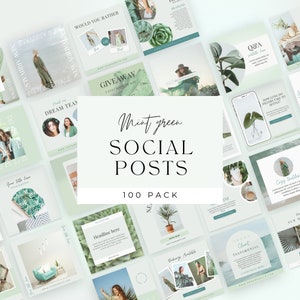 Könnte beinhalten: Eine Collage aus 100 Social-Media-Post-Vorlagen in einem mintgrünen Farbschema. Die Vorlagen zeigen verschiedene Bilder, Texte und Grafiken, darunter Pflanzen, Textüberlagerungen und Produkt-Mockups. Der Text "Mint green social posts 100 pack" wird in der Mitte des Bildes angezeigt.