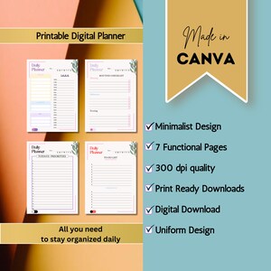 May include: Printable digital daily planner with 7 pages, minimalist design, 300 dpi quality, and a floral theme. The planner includes sections for schedule, routine checklist, today's priorities, and to-do list.  Made in Canva.  All you need to stay organized daily.