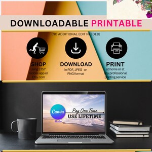 May include: A laptop computer displaying a Canva design with the text "Pay One Time, Use Lifetime". The laptop is on a dark brown surface with a coffee mug and a stack of books.
