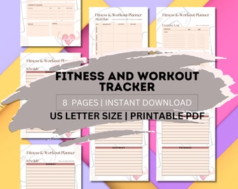 Könnte beinhalten: Ein druckbarer Fitness- und Trainingstracker mit 8 Seiten. Der Tracker enthält Abschnitte für die Menüplanung, Trainingsprotokolle und Tagespläne. Die Seiten sind mit einem abstrakten Design in Rosa und Weiß verziert.