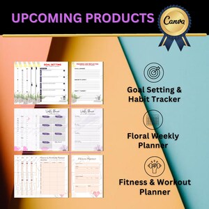 May include: A set of four printable planners with floral designs. The planners include a goal setting and habit tracker, a floral weekly planner, a fitness and workout planner, and a fitness planner.