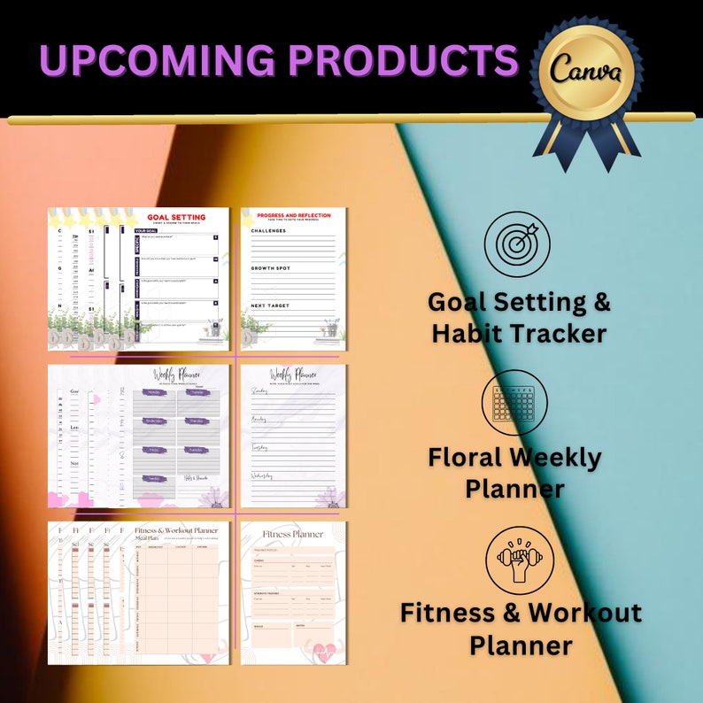 May include: A set of four printable planners with floral designs. The planners include a goal setting and habit tracker, a floral weekly planner, a fitness and workout planner, and a fitness planner.