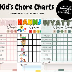 Kid&#39;s Chore Charts, Kid Responsibility Chart, Instant Download & Personalize Chart