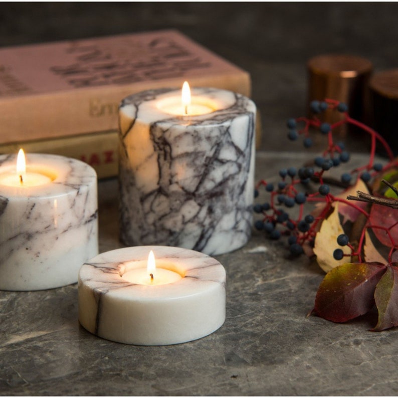 Marble Candle Holder Set 3 Pieces, Natural Marble image 2