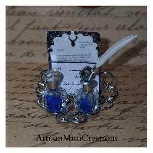 Dolls House Miniature 1:12th Scale Handmade Desk Accessory - Unique Silvertone Inkstand with Ink Pot/Well, Quill, and Letters