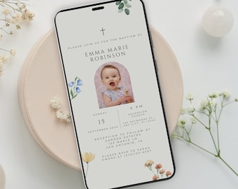 Evite el bautismo, invitación de la niña del bautismo, invitación de bautismo floral minimalista, plantilla de Canva de bautismo electrónico, invitación de bautismo digital
