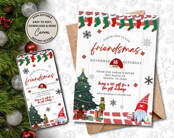 Christmas Party Invitation, Friendsmas Holiday Party Digital Invitation canva editable template Instant Download