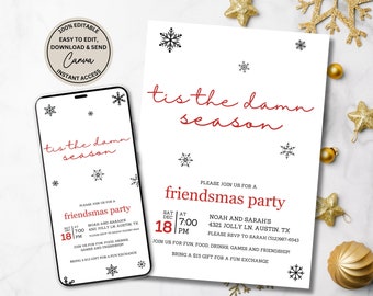 Editable Christmas invitation customizable friendsmas invite and printable invitation digital invitation text email, funny canva template