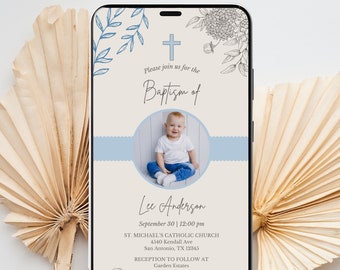Evite Baptism, Baptism Boy Invitation, Watercolor Blue Baptism Invitation Electronic Baptism Canva Template, digital baptism invite