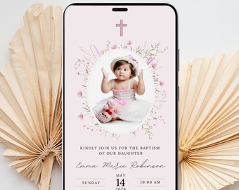 Evite Baptism, Baptism Girl Invitation, Minimalist Baptism Invitation Electronic Baptism Canva Template, digital baptism invite