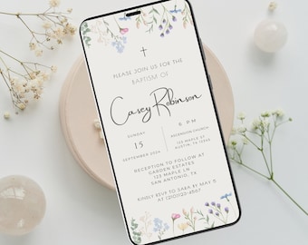 Evite el bautismo, invitación de bautismo, invitación de bautismo con acuarela floral minimalista, plantilla electrónica de Canva para bautismo, invitación de bautismo digital