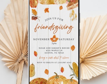 May include: A digital invitation for a Friendsgiving celebration on November 18th at 5 pm. The invitation features a rustic wooden background with fall-themed illustrations, including pumpkins, leaves, and a pie. The text reads "JOIN US FOR friendsgiving NOVEMBER 18 SATURDAY 5 pm NOAH AND SARAH'S HOUSE 4321 MAPLE LN AUSTIN, TX 76543 bring a side dish to share RSVP TO ERELYN AT (210)987-6543"