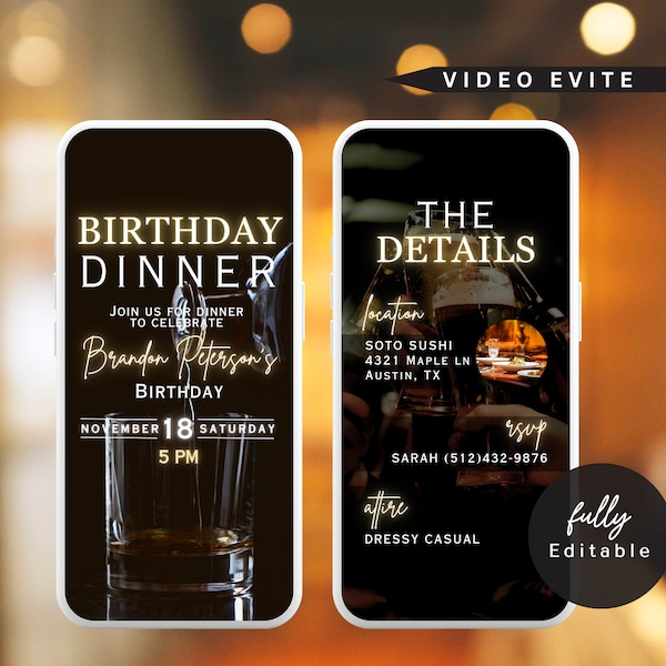 Digital Birthday Dinner Party Invitation for Men and Women, Evite Birthday Dinner Party Animated Video Birthday Party Invite, Canva