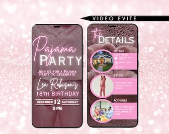 Puede incluir: Una invitación digital rosa y blanca para una fiesta de pijamas para celebrar el cumpleaños número 18 de Lea Robison. La invitación incluye la fecha, la hora, la ubicación, el atuendo y las actividades. La invitación está diseñada para parecerse a la pantalla de un teléfono inteligente.
