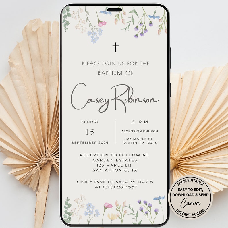 Evite Baptism, Baptism Invitation, Minimalist Floral Watercolor Baptism