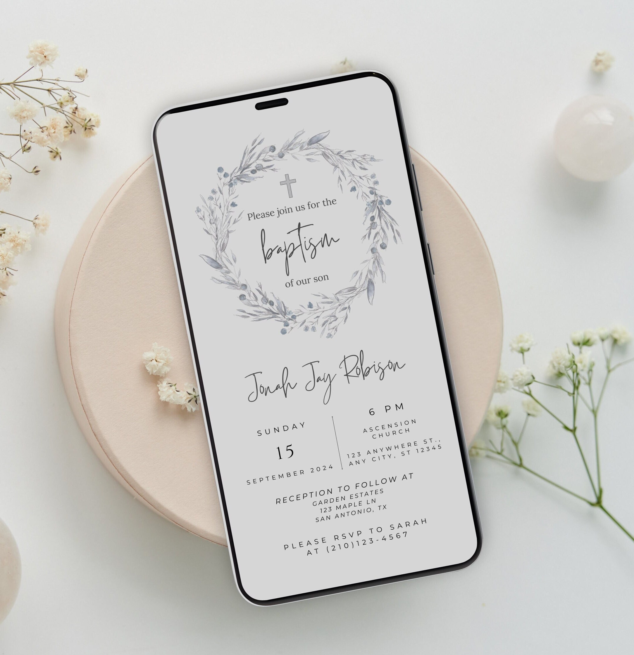 Evite Baptism, Baptism Unisex Invitation, Floral Watercolor Baptism