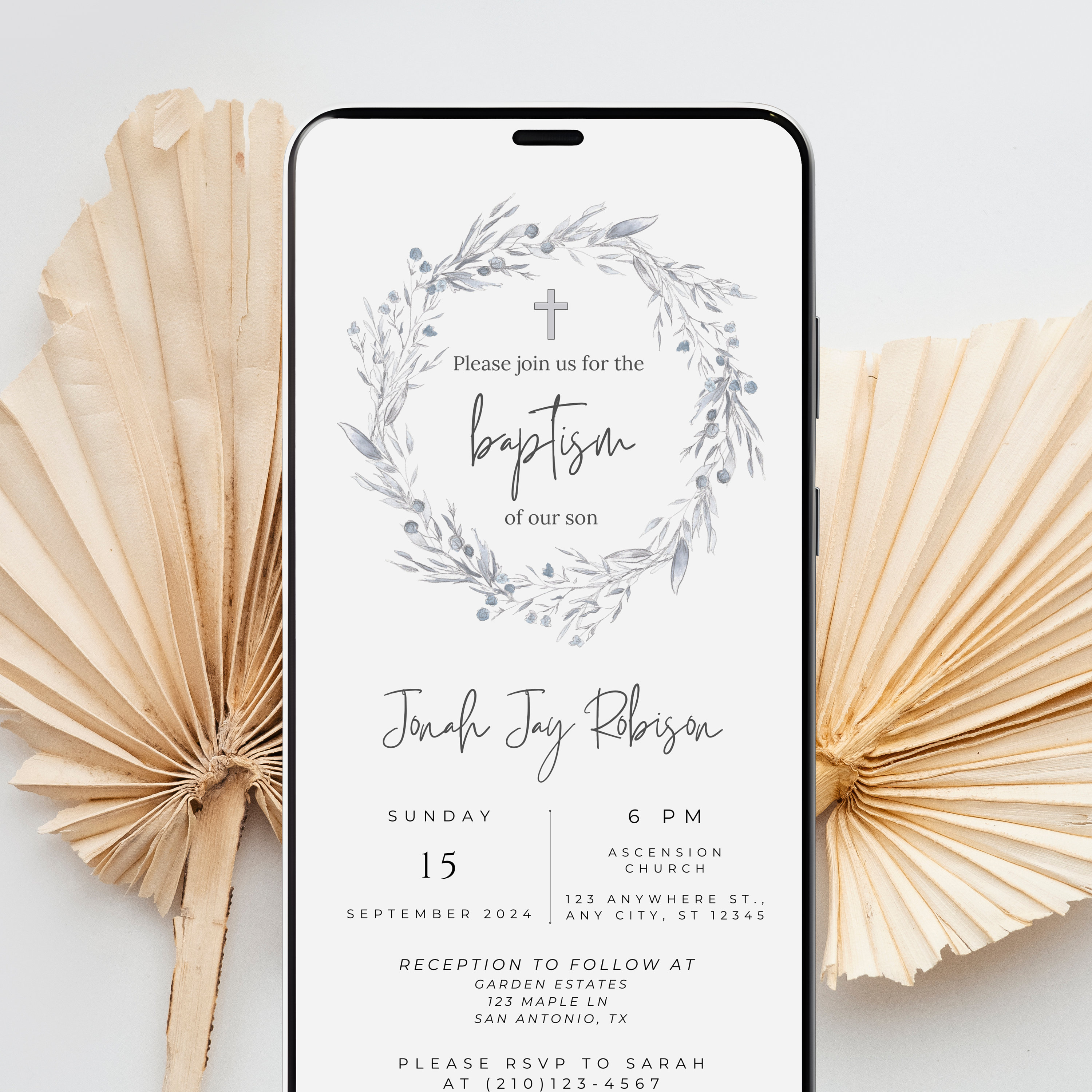 Evite Baptism, Baptism Unisex Invitation, Floral Watercolor Baptism