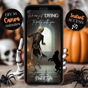 May include: A smartphone screen displays a Halloween party invitation with a dancing skeleton and black cat. Text includes "We are just DYING to party with you" and "Join us for a Halloween party". Decorative elements include spiders and a pumpkin.