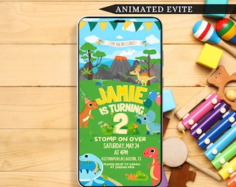 Dinosaur Birthday Party Invitation Animated Dino Birthday Party Invite Template Dinosaur Theme Kids Birthday Canva Digital birthday evite