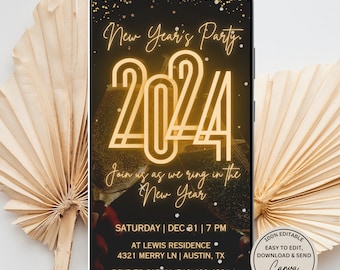 New Year Invitation, New Year's Eve Party Invite, Animated Video Digital Invite electronic, text email, editable digital template DIY, canva