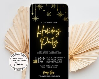Digital Christmas Party Invitation, Holiday Party Invitation Gold minimalist design to send digital by text or email editable template