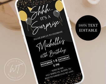 Digital Surprise Birthday Party Invitation, Evite Birthday Party Animated Video Dinner Party Invite Black & Gold Canva electronic invitation