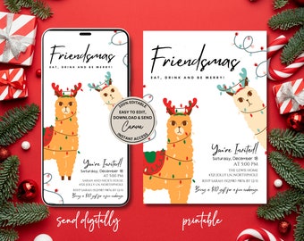 May include: Printable and digital invitation for a Friendsmas party with a festive llama design. The invitation features two llamas wearing Christmas lights and antlers. The text reads "Friendsmas Eat, Drink and Be Merry!" and includes details for the party, including the date, time, location, and RSVP information.